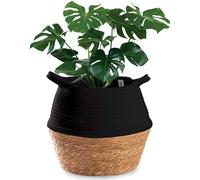Praknu Panier Osier en Jonc de Mer et Coton Durable - Grand - Pot à Fleurs Tressé Décoratif - Diamètre de 32 cm - pour Plantes et Rangement (Noir)