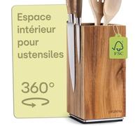 Praknu Porte Couteaux Aimanté Rotatif - Range Couteaux de Cuisine Vide | Aimant double face, 12 à 16 lames, base antidérapante, bois d'acacia FSC®, livré vide, porte couteau, 1,5 kg, 22 cm de haut