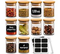 Praknu Pots à Épices Rangement - 10 x 120 ml Pots à Épices en Verre avec Couvercles - Rangement Épices Cuisine - Hermétique - avec Étiquettes - Lavable au Lave-Vaisselle - Épices, Herbes et Thé