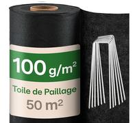 Praknu Toile de Paillage 1m x 50m - avec 24 Piquets de Fixation - Bache Anti-Mauvaise Herbe 100g/m² - 50m² en Rouleau - Geotextile Perméable - Stabilisée UV