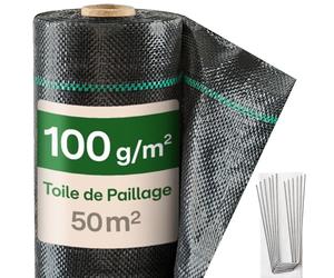 Praknu Toile de Paillage 1m x 50m - Bache Geotextile Tissé avec 24 Piquets Anti Mauvaise Herbe - Rouleau 100g/m² - Perméable à l'eau & UV Résistante