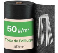 Praknu Toile de Paillage Anti Mauvaises Herbes 50g/m² - Géotextile avec 24 Piquets - 50m² - Perméable, Résistant aux UV & aux Déchirures - Toile de Paillage pour Massifs & Cultures Saisonnières