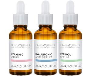 PraNaturals Kit Sérum Visage Perfecteur de Peau 3x30ml - Acide Hyaluronique, Rétinol et Vitamine C - Soin du Visage Anti- ge, Réduit Rides et Ridules, Enrichi en Huiles et Vitamines Naturelles