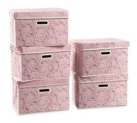 Prandom Boîte de rangement pliable avec couvercle,Rosa38x25x25cm-Lot de 5 | Empilable,Caisses en tissu,Décoration Rosette,Avec poignées,Cube de rangement, Chambre,salon,armoire