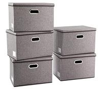 Prandom Grande Boîte de rangement avec couvercle,Gris-43x30x30cm-Lot de 5 | Pliable,Empilable,Cube avec poignées,Bac de rangement de lin décorative,Convient pour chambre à coucher,armoire,Salon