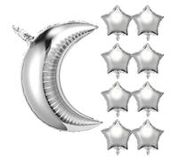 Prasacco Lot de 9 ballons argentés en forme de lune et d'étoiles en feuille d'aluminium Mylar pour fête prénatale, anniversaire de mariage - 71,1 cm