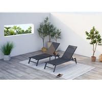 CONCEPT USINE | Lot De 2 Transats Inclinables + Table d'Appoint | Bain De Soleil d'Extérieur | Prato Noir | 2 roulettes | Aluminium Textilène Dossier Réglable | Jardin Terrasse Plage Piscine