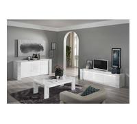 PRAVA - Ensemble Salon Blanc et Effet Marbre Meuble TV et Buffet avec Leds + Table Basse