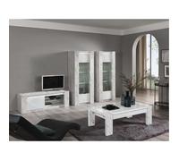 PRAVA - Ensemble Salon Complet Blanc et Effet Marbre Meuble TV et Vitrines avec Leds + Table Basse