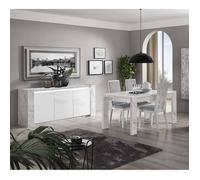 PRAVA - Ensemble Séjour Blanc et Effet Marbre Table 160cm + Buffet avec Leds -