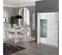 PRAVA - Ensemble Séjour Blanc et Effet Marbre Table 160cm + Vitrine avec Leds - Altobuy Blanc