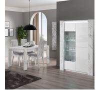 PRAVA - Ensemble Séjour Blanc et Effet Marbre Table 190cm + Vitrine avec Leds