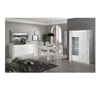 PRAVA - Ensemble Séjour Complet Blanc et Effet Marbre Table 160cm + Buffet et Vitrine avec Leds -