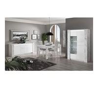 PRAVA - Ensemble Séjour Complet Blanc et Effet Marbre Table 160cm + Buffet et Vitrine avec Leds -