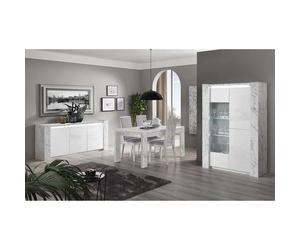 PRAVA - Ensemble Séjour Complet Blanc et Effet Marbre Table 190cm + Buffet et Vitrine avec Leds