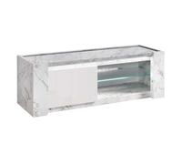 PRAVA - Meuble TV 1 Porte 150cm Laqué Blanc et Effet Marbre avec Leds - Altobuy Blanc