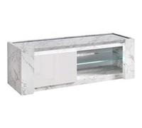 PRAVA - Meuble TV 1 Porte 150cm Laqué Blanc et Effet Marbre avec Leds - Altobuy Blanc