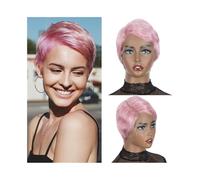 Pré-épilé Perruque courte en cheveux humains lisses coupe Pixie 13x6x1, avec dentelle transparente sur le devant Adapté aux débutants(Pink)
