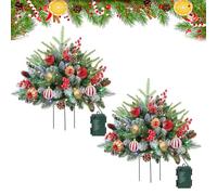 Pre-Lit Artificial Christmas Tree Urn Filler, Christmas Pot Fillers Outdoor Front Porch with 60 LED Lights, Battery Operated, Outdoor Christma Tree with Tripod Stake for Porch, Yard, Garden (A*2)