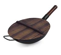 Pre-Seasoned Cast Iron Wok, Heavy Duty Non-Stick Iron Chinese Wok Or Stir Fry Skillet W/Wooden Lid, for Electric Stove Top, Induction, Black,34Cm/ 13.5 inch Interesting