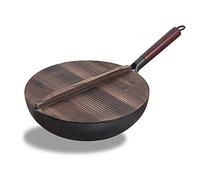 Pre-Seasoned Cast Pan Wok Pan Nonstick Heavy Duty Iron Chinese Wok Or Stir Fry Skillet W/Wooden Lid, for Electric Stove Top, Induction, Large, Black-12.5Inch Interesting