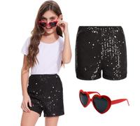 Prebene Short à paillettes et lunettes de soleil en forme de cœur pour filles - Taille haute - Taille haute - 5-16 ans