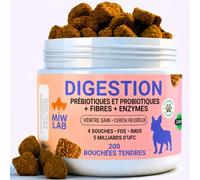 Prébiotiques et Probiotiques pour Chiens Digestion 200 Pièces avec 5 Milliards UFC Enzymes et Fibres, 100% Naturel pour Flore Intestinale Diarrhée Vomissements Gaz Goût Poulet
