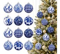 Preboun Lot de 12 boules de Noël chinoiserie bleues et blanches à suspendre pour sapin de Noël, décoration d'intérieur pour fête moderne (bleu, 7 cm)