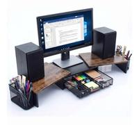 PrecisionAuto Support extensible pour double écran | Avec tiroir et porte-stylo en métal, organiseur de bureau en bois et métal, étagère d'angle réglable pour ordinateur portable
