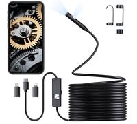 Preciva Caméra endoscopique avec double objectif, caméra endoscope HD 1920P avec 8 lumières LED réglables, 5 m semi-rigide pour iOS et Android