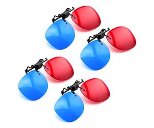PRECORN Lot de 4 paires de lunettes 3D à clipser en rouge/bleu pour porteurs de lunettes - Parfait pour les films 3D, les jeux PC 3D, les images 3D, les vidéos 3D (YouTube), les projections 3D et bien