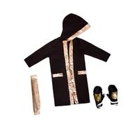 predolo 3 Pièces Costume de Boxe Déguisement de Boxeur Tenue D'Entraînement Uniforme de Jeu de Rôle en Polyester Respirant avec Gants Adapté pour Enfants Pou, Black Gold S to M