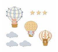 predolo 9 Pièces Ballon à Air Chaud en Bois Motif Mignon Ensemble Mural Vapeur et Étoiles Ambiance Poétique Kit de Décoration Chambre Enfant, Bleu Clair, Rose, Marron