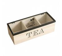 predolo Boîte à Thé en Bois Organisateur avec Couvercle Transparent Coffret Compartimenté Plateau Décoratif Fonction Vision, Boîte De Rangement Multifonctionnelle En Bois, 3 Compartiments, Motif Vélo