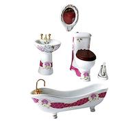predolo Ensemble de Salle de Bain de Maison de Poupée à L'échelle 5pcs 1/12, Accessoires de Scène de Bricolage, Mini Baignoire et Miroir pour La Décoration, blanc et rouge