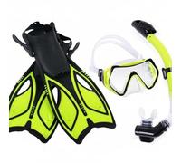 predolo Ensemble Palmes Masque Tuba Conception Hydrodynamique Set Masque Tuba et Palmes Réglables Propulsion Puissante Kit de Plongée Libre 3 Pièces pour Mer, Jaune, L