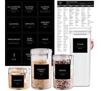 Prefdo Lot de 168 étiquettes autocollantes minimalistes imperméables pré-imprimées avec noms des aliments et chiffres pour bocaux, pots et boîtes de cuisine, garde-manger - Noir (texte en anglais)