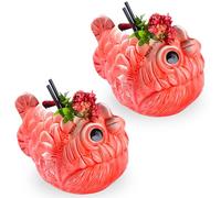 Prefdo Tiki Lot de 2 tasses à cocktail en céramique motif poisson bizarre, tasses hawaïennes Luau pour fête, cocktail exotique, 650 ml