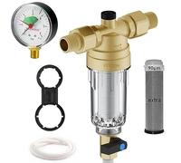 Préfiltre FERDOM FD180 Manomètre Et Maille Extra. Filtre à Eau Purificateur à Rotation, Réutilisable. Maille en Acier Inox 90 mic, 1/2 "(3/4) Con. Débit max 2,5m3 / H. Tête Laiton, Corps Transparent.