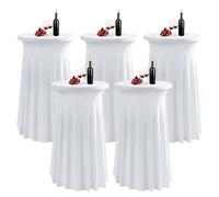 PRELGOSP Nappe Mange Debout Ronde, 80x110 cm Housse pour Table Haute en Spandex, Nappe de Cocktail avec Jupe pour Banquet Mariage Anniversaire Bar Table,Blanc,5pcs