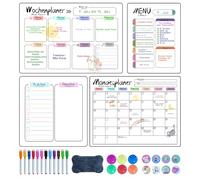 Prelisee 4 Pièces Calendrier Magnetique Frigo,Planificateurs Mensuels Magnétiques Effaçables,Tableau Menu Semaine Frigo Liste de Courses Planning Semaine Magnetique avec Raccords pour Enfants Adulte