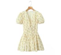 Premier Amour palpitant Jupe Courte Ballet Doux col en V Profond Jaune Floral Manches Bouffantes Robe Bouffante - Floral - L