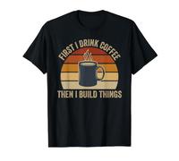 Premier café Puis Construire des Choses Vintage Woodworker Sunset T-Shirt Graphique avec Valeur, Homme, Noir, M