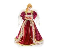 Premier Cimier d'ange bordeaux de 30 cm avec visage en porcelaine, ailes à plumes et détails à pois dorés - Décoration traditionnelle pour sapin de Noël