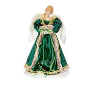 Premier Cimier d'ange vert émeraude de 30 cm avec visage en porcelaine, ailes à plumes et détails à pois dorés - Décoration élégante pour sapin de Noël