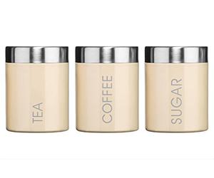 Premier Housewares 0508546 Ensemble de Boîte à Thé/Café/Sucre en Émail Crème et Couvercles en Acier Inoxydable Satiné