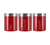 Premier Housewares Pots à thé, café et sucre (Lot de 3, couvercle argenté), Rouge