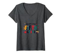 Premier Jour de cinquième année prêt pour l'école étape Importante T-Shirt avec Col en V, Femme, Chiné Foncé, XXL