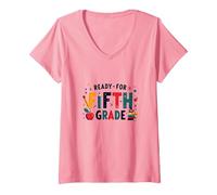 Premier Jour de cinquième année prêt pour l'école étape Importante T-Shirt avec Col en V, Femme, Rose, XL