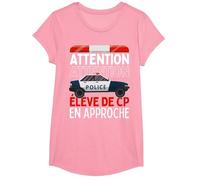 Premier Jour d'école Élève de CP en Approche Voiture Police T-Shirt, Fille, Rose, XS